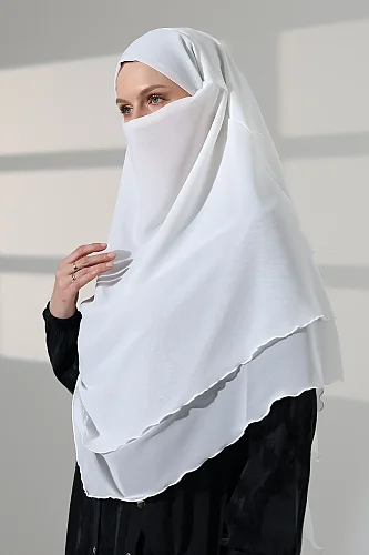 Tesettür Şifon Peçeli Üç Katlı Kısa Sufle Khimar, Pratik Hijab Şal Üçgen Kesim - Beyaz - 5