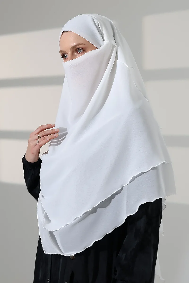 Tesettür Şifon Peçeli Üç Katlı Kısa Sufle Khimar, Pratik Hijab Şal Üçgen Kesim - Beyaz - 5