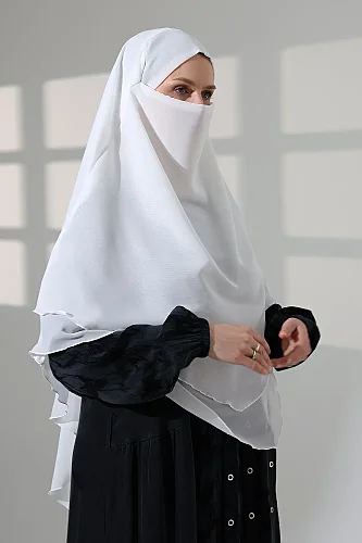 Tesettür Şifon Peçeli Üç Katlı Kısa Sufle Khimar, Pratik Hijab Şal Üçgen Kesim - Beyaz - 6