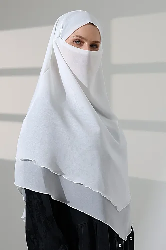 Tesettür Şifon Peçeli Üç Katlı Kısa Sufle Khimar, Pratik Hijab Şal Üçgen Kesim - Beyaz - 7