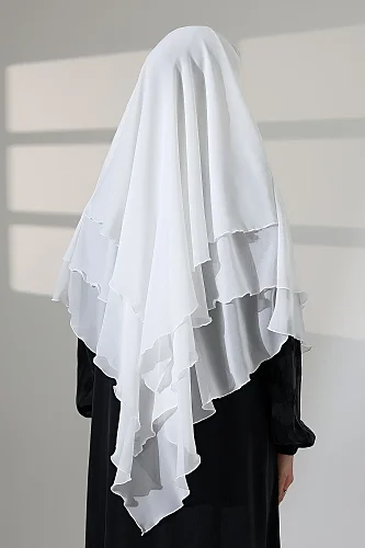 Tesettür Şifon Peçeli Üç Katlı Kısa Sufle Khimar, Pratik Hijab Şal Üçgen Kesim - Beyaz - 8