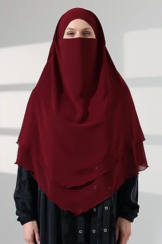 Tesettür Şifon Peçeli Üç Katlı Kısa Sufle Khimar, Pratik Hijab Şal Üçgen Kesim - Bordo 