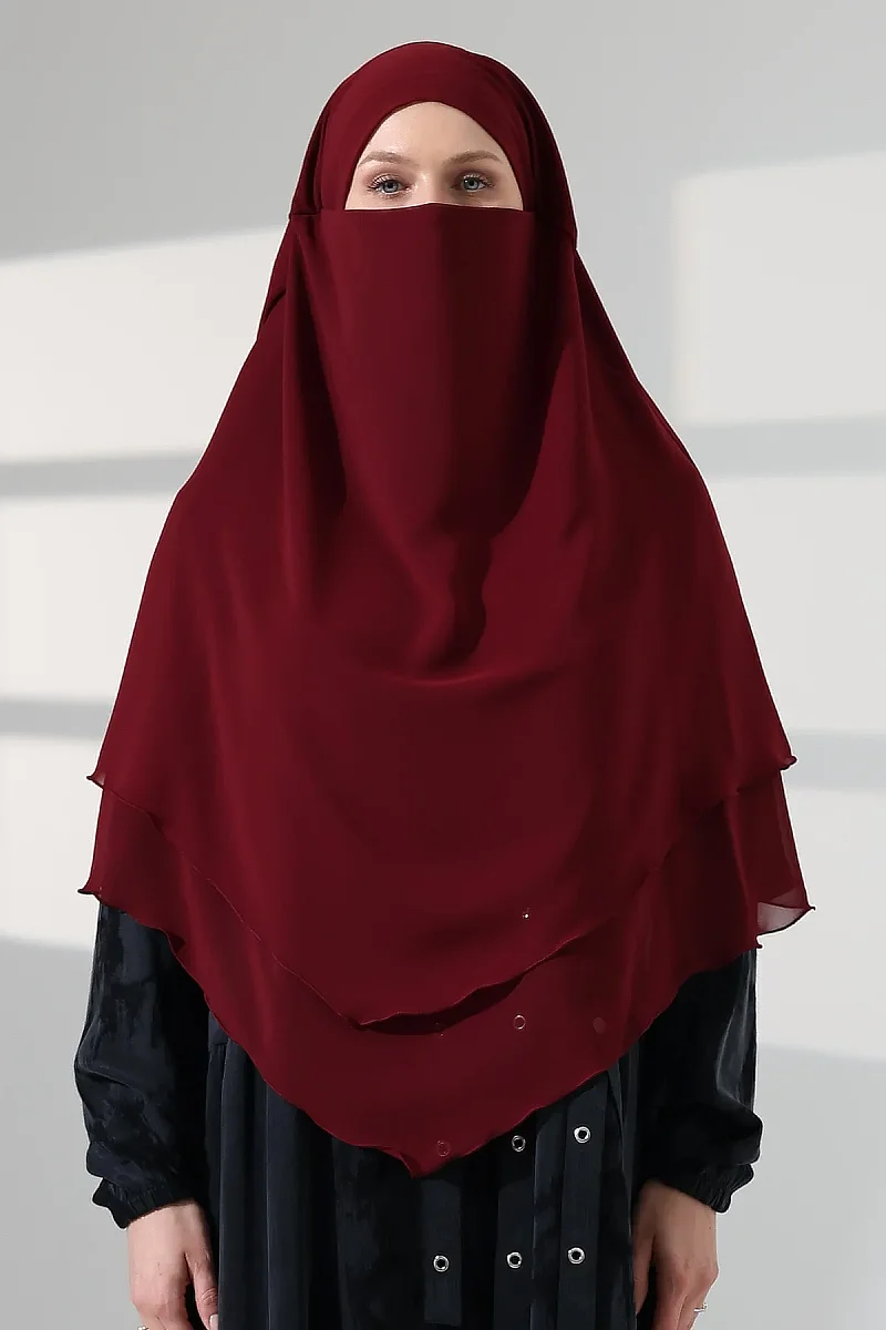 Tesettür Şifon Peçeli Üç Katlı Kısa Sufle Khimar, Pratik Hijab Şal Üçgen Kesim - Bordo - 1