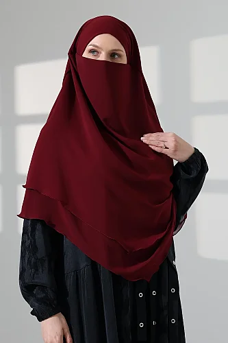 Tesettür Şifon Peçeli Üç Katlı Kısa Sufle Khimar, Pratik Hijab Şal Üçgen Kesim - Bordo - ihvanonline (1)