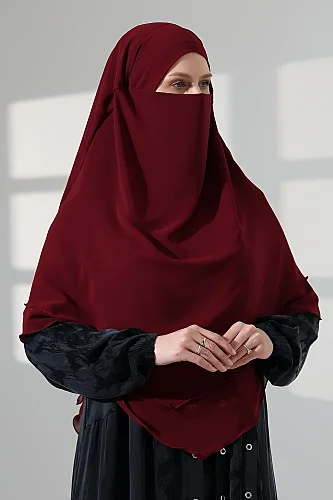 Tesettür Şifon Peçeli Üç Katlı Kısa Sufle Khimar, Pratik Hijab Şal Üçgen Kesim - Bordo - 3
