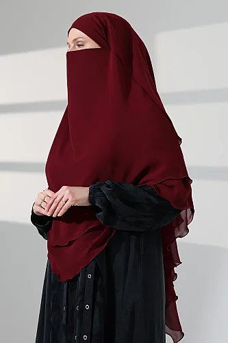 Tesettür Şifon Peçeli Üç Katlı Kısa Sufle Khimar, Pratik Hijab Şal Üçgen Kesim - Bordo - 4