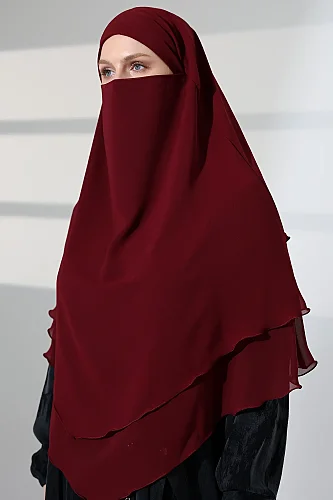Tesettür Şifon Peçeli Üç Katlı Kısa Sufle Khimar, Pratik Hijab Şal Üçgen Kesim - Bordo - 5