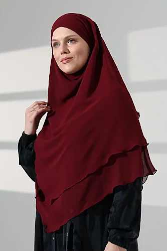 Tesettür Şifon Peçeli Üç Katlı Kısa Sufle Khimar, Pratik Hijab Şal Üçgen Kesim - Bordo - 6