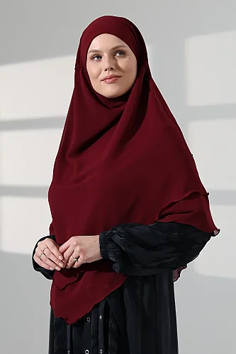 Tesettür Şifon Peçeli Üç Katlı Kısa Sufle Khimar, Pratik Hijab Şal Üçgen Kesim - Bordo - 7