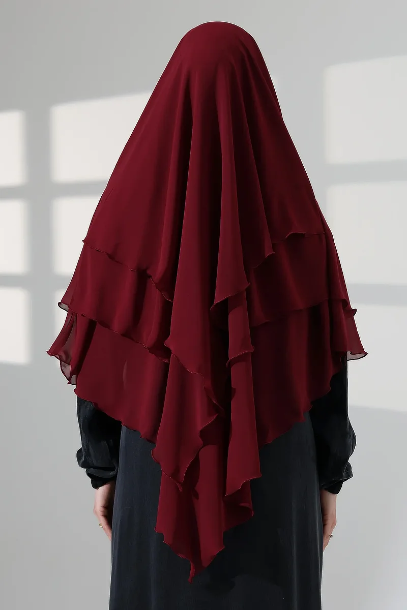Tesettür Şifon Peçeli Üç Katlı Kısa Sufle Khimar, Pratik Hijab Şal Üçgen Kesim - Bordo - 8