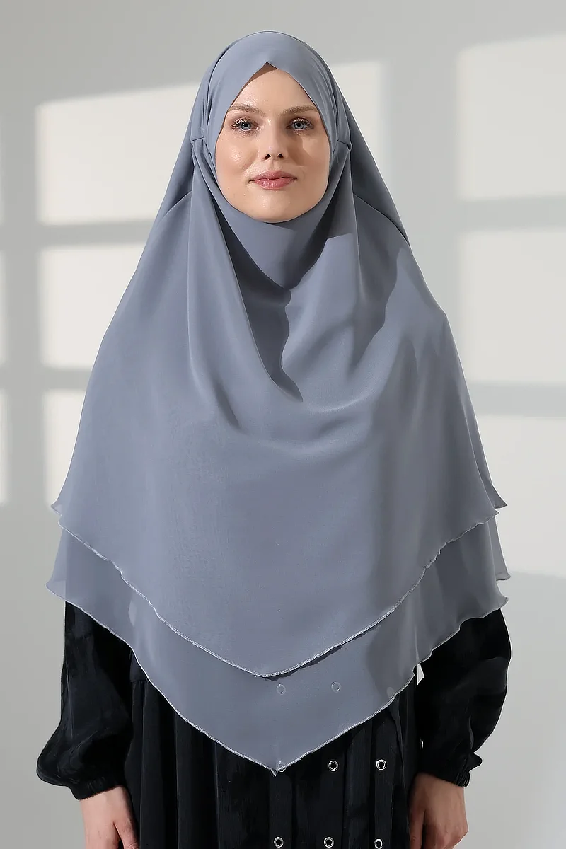 Tesettür Şifon Peçeli Üç Katlı Kısa Sufle Khimar, Pratik Hijab Şal Üçgen Kesim - Gri - 2