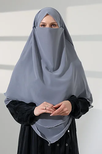 Tesettür Şifon Peçeli Üç Katlı Kısa Sufle Khimar, Pratik Hijab Şal Üçgen Kesim - Gri - 3