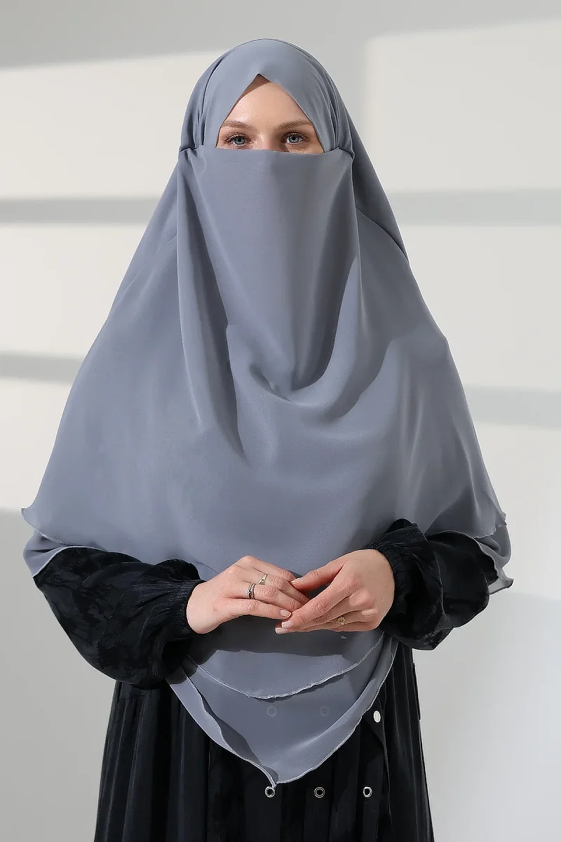 Tesettür Şifon Peçeli Üç Katlı Kısa Sufle Khimar, Pratik Hijab Şal Üçgen Kesim - Gri - 3
