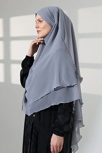 Tesettür Şifon Peçeli Üç Katlı Kısa Sufle Khimar, Pratik Hijab Şal Üçgen Kesim - Gri - 4