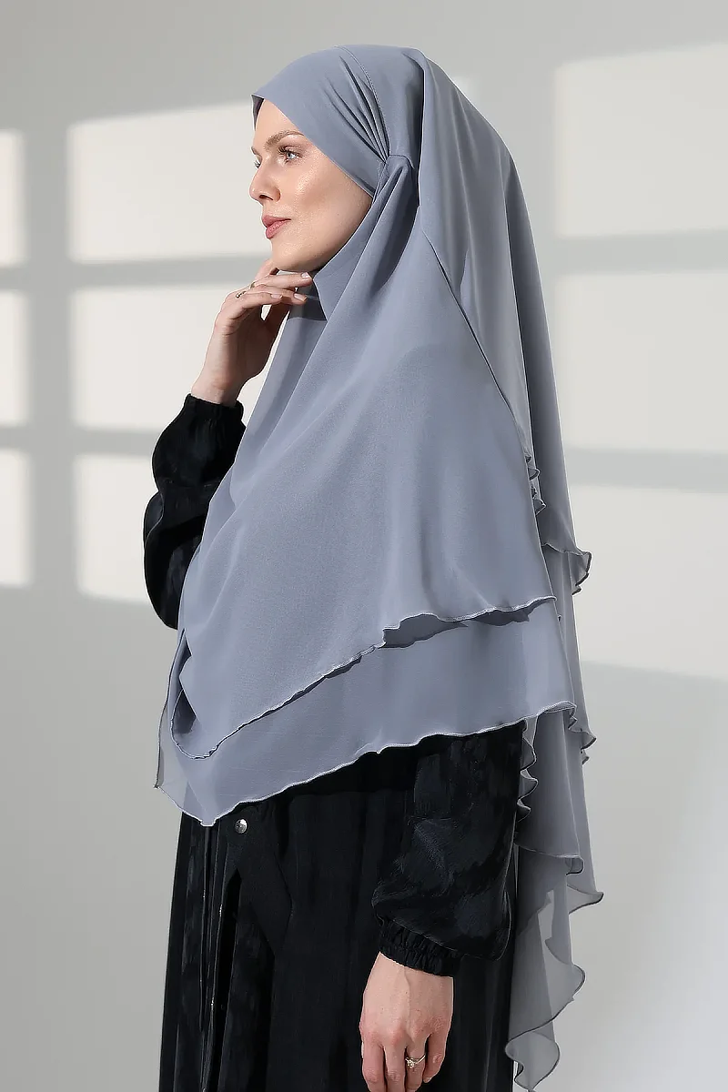 Tesettür Şifon Peçeli Üç Katlı Kısa Sufle Khimar, Pratik Hijab Şal Üçgen Kesim - Gri - 4