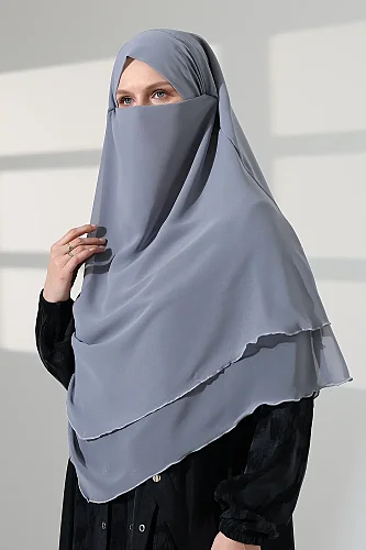 Tesettür Şifon Peçeli Üç Katlı Kısa Sufle Khimar, Pratik Hijab Şal Üçgen Kesim - Gri - 5