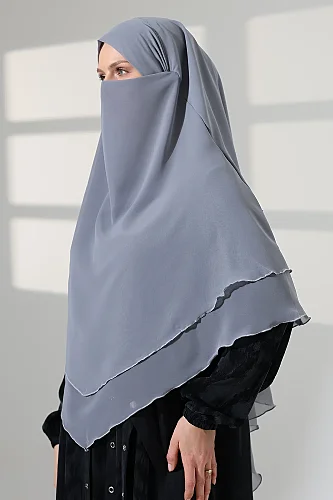 Tesettür Şifon Peçeli Üç Katlı Kısa Sufle Khimar, Pratik Hijab Şal Üçgen Kesim - Gri - 6