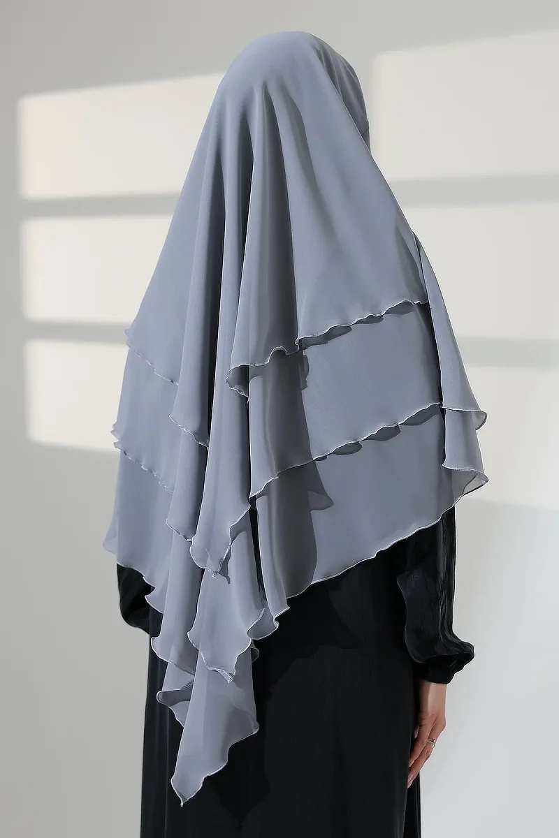 Tesettür Şifon Peçeli Üç Katlı Kısa Sufle Khimar, Pratik Hijab Şal Üçgen Kesim - Gri - 8