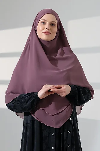 Tesettür Şifon Peçeli Üç Katlı Kısa Sufle Khimar, Pratik Hijab Şal Üçgen Kesim - Gül Kurusu 
