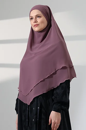 Tesettür Şifon Peçeli Üç Katlı Kısa Sufle Khimar, Pratik Hijab Şal Üçgen Kesim - Gül Kurusu - ihvanonline (1)