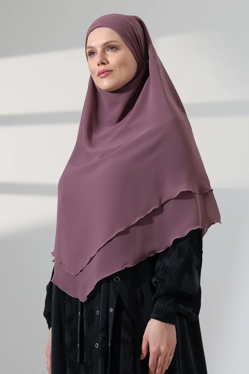 Tesettür Şifon Peçeli Üç Katlı Kısa Sufle Khimar, Pratik Hijab Şal Üçgen Kesim - Gül Kurusu - 2