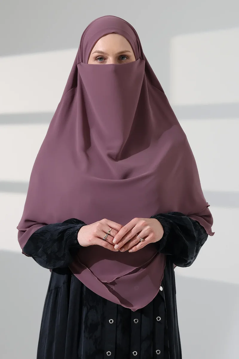 Tesettür Şifon Peçeli Üç Katlı Kısa Sufle Khimar, Pratik Hijab Şal Üçgen Kesim - Gül Kurusu - 3