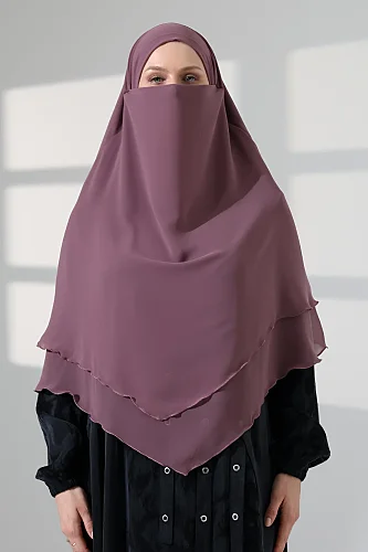 Tesettür Şifon Peçeli Üç Katlı Kısa Sufle Khimar, Pratik Hijab Şal Üçgen Kesim - Gül Kurusu - 4