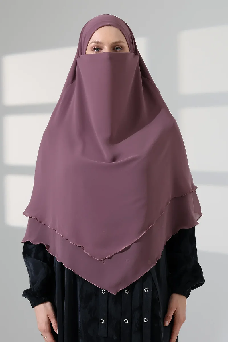 Tesettür Şifon Peçeli Üç Katlı Kısa Sufle Khimar, Pratik Hijab Şal Üçgen Kesim - Gül Kurusu - 4