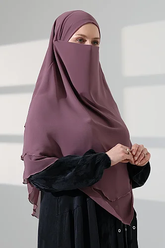 Tesettür Şifon Peçeli Üç Katlı Kısa Sufle Khimar, Pratik Hijab Şal Üçgen Kesim - Gül Kurusu - 5
