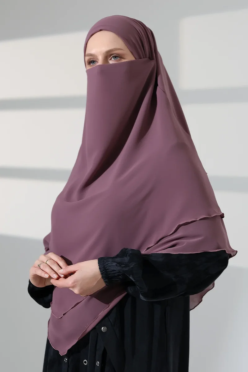 Tesettür Şifon Peçeli Üç Katlı Kısa Sufle Khimar, Pratik Hijab Şal Üçgen Kesim - Gül Kurusu - 6