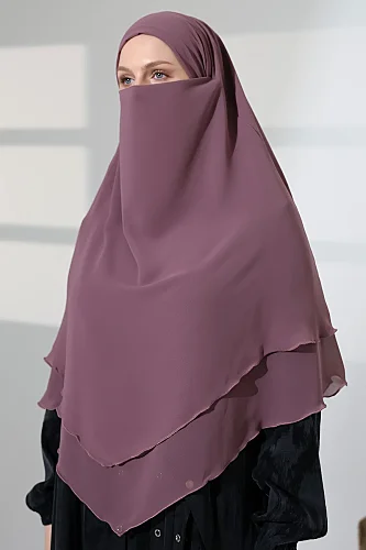Tesettür Şifon Peçeli Üç Katlı Kısa Sufle Khimar, Pratik Hijab Şal Üçgen Kesim - Gül Kurusu - 7