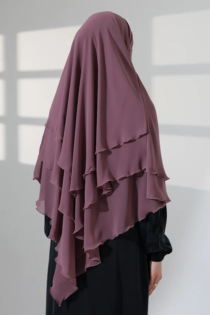 Tesettür Şifon Peçeli Üç Katlı Kısa Sufle Khimar, Pratik Hijab Şal Üçgen Kesim - Gül Kurusu - 8
