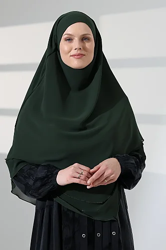Tesettür Şifon Peçeli Üç Katlı Kısa Sufle Khimar, Pratik Hijab Şal Üçgen Kesim - Haki Yeşil 