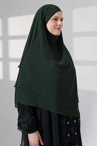 Tesettür Şifon Peçeli Üç Katlı Kısa Sufle Khimar, Pratik Hijab Şal Üçgen Kesim - Haki Yeşil - ihvanonline (1)