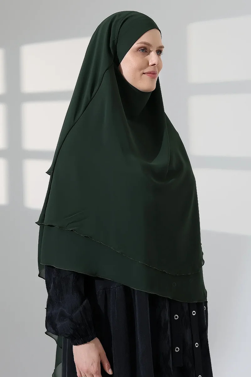 Tesettür Şifon Peçeli Üç Katlı Kısa Sufle Khimar, Pratik Hijab Şal Üçgen Kesim - Haki Yeşil - 2