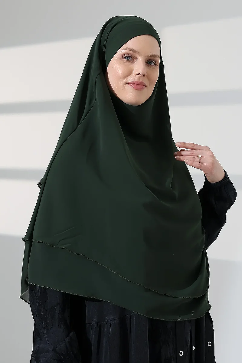 Tesettür Şifon Peçeli Üç Katlı Kısa Sufle Khimar, Pratik Hijab Şal Üçgen Kesim - Haki Yeşil - 3