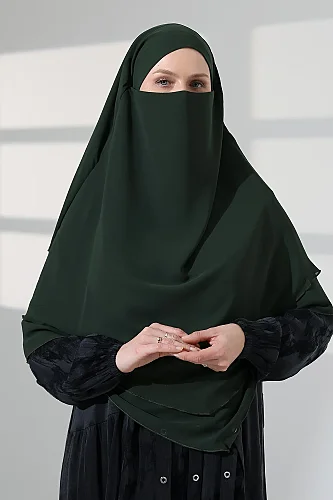 Tesettür Şifon Peçeli Üç Katlı Kısa Sufle Khimar, Pratik Hijab Şal Üçgen Kesim - Haki Yeşil - 4