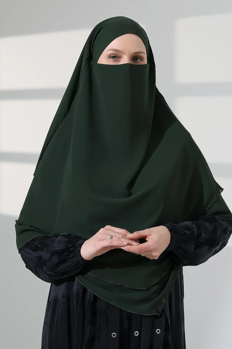 Tesettür Şifon Peçeli Üç Katlı Kısa Sufle Khimar, Pratik Hijab Şal Üçgen Kesim - Haki Yeşil - 4