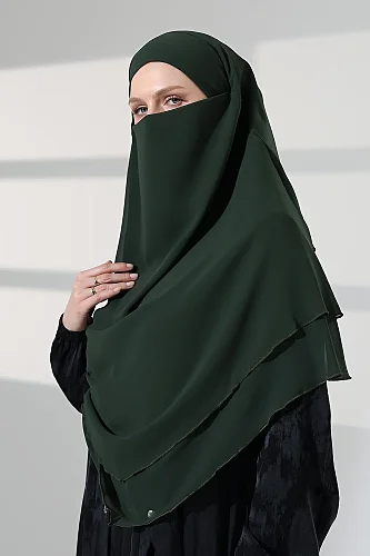 Tesettür Şifon Peçeli Üç Katlı Kısa Sufle Khimar, Pratik Hijab Şal Üçgen Kesim - Haki Yeşil - 5