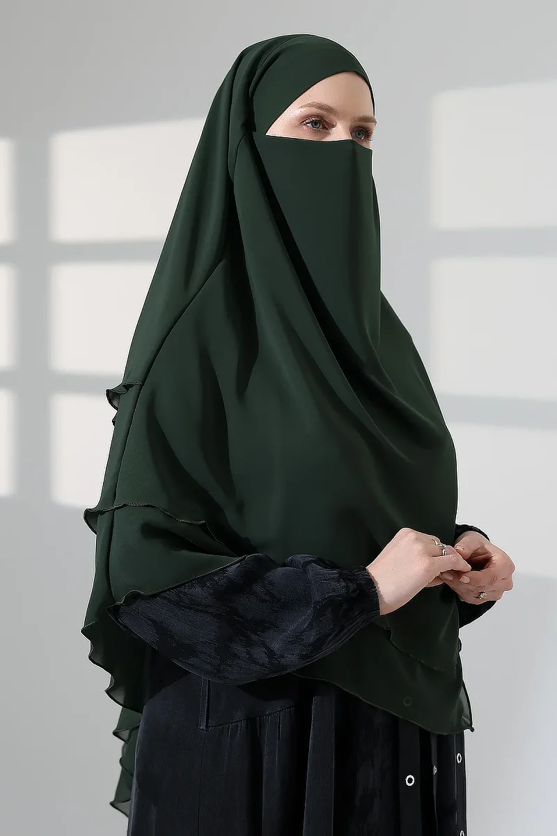 Tesettür Şifon Peçeli Üç Katlı Kısa Sufle Khimar, Pratik Hijab Şal Üçgen Kesim - Haki Yeşil - 6