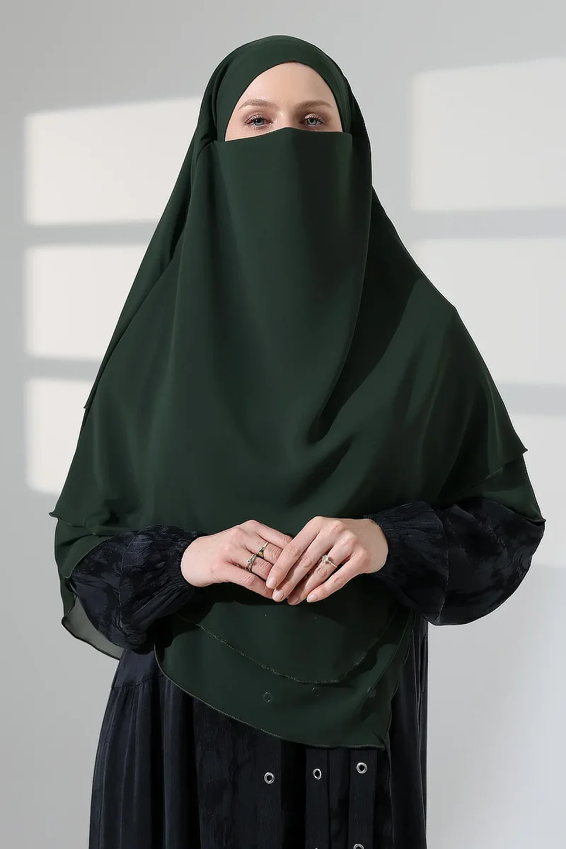 Tesettür Şifon Peçeli Üç Katlı Kısa Sufle Khimar, Pratik Hijab Şal Üçgen Kesim - Haki Yeşil - 7
