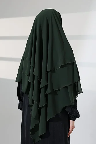 Tesettür Şifon Peçeli Üç Katlı Kısa Sufle Khimar, Pratik Hijab Şal Üçgen Kesim - Haki Yeşil - 8