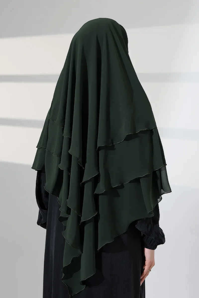 Tesettür Şifon Peçeli Üç Katlı Kısa Sufle Khimar, Pratik Hijab Şal Üçgen Kesim - Haki Yeşil - 8