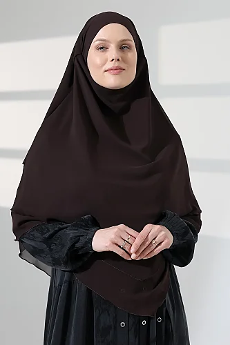 Tesettür Şifon Peçeli Üç Katlı Kısa Sufle Khimar, Pratik Hijab Şal Üçgen Kesim - Kahverengi 