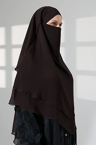 Tesettür Şifon Peçeli Üç Katlı Kısa Sufle Khimar, Pratik Hijab Şal Üçgen Kesim - Kahverengi - ihvanonline (1)