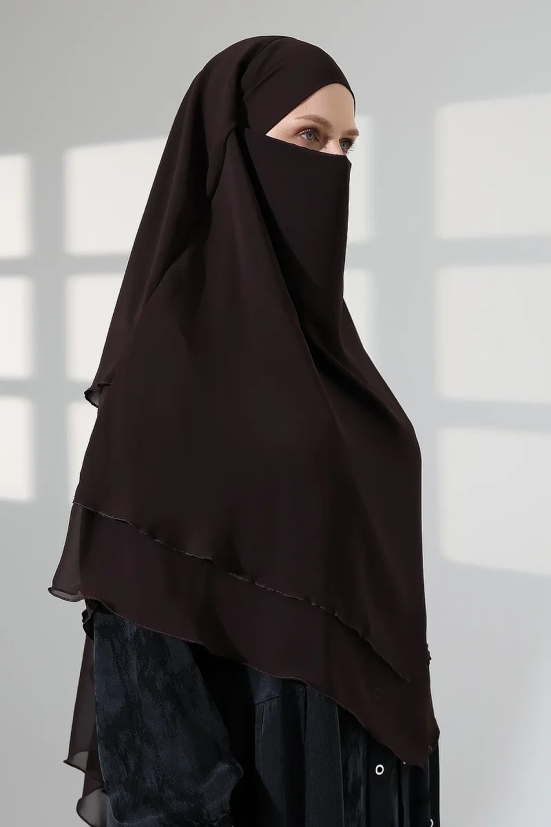 Tesettür Şifon Peçeli Üç Katlı Kısa Sufle Khimar, Pratik Hijab Şal Üçgen Kesim - Kahverengi - 2
