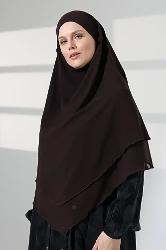 Tesettür Şifon Peçeli Üç Katlı Kısa Sufle Khimar, Pratik Hijab Şal Üçgen Kesim - Kahverengi - 3