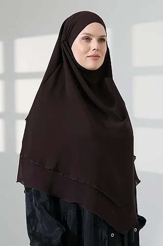 Tesettür Şifon Peçeli Üç Katlı Kısa Sufle Khimar, Pratik Hijab Şal Üçgen Kesim - Kahverengi - 5