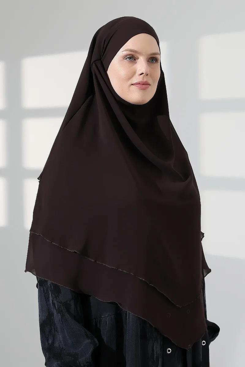 Tesettür Şifon Peçeli Üç Katlı Kısa Sufle Khimar, Pratik Hijab Şal Üçgen Kesim - Kahverengi - 5