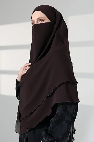 Tesettür Şifon Peçeli Üç Katlı Kısa Sufle Khimar, Pratik Hijab Şal Üçgen Kesim - Kahverengi - 6